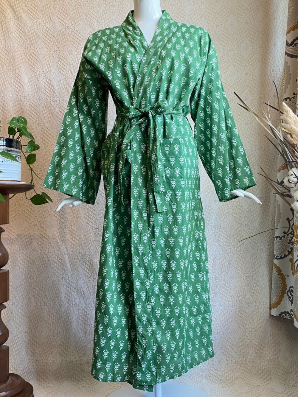 Handblock Print Cotton Summer Robe Green & White Beach Pool Robe Ethically Made